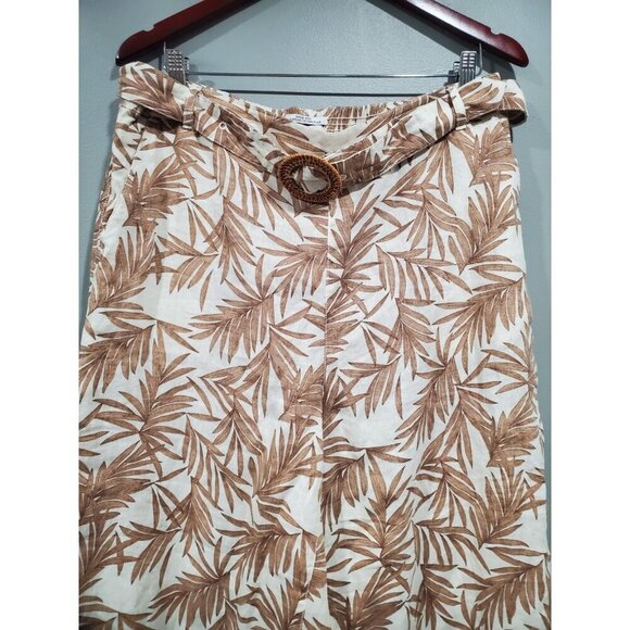 Nicole Miller Pants European Flax Linen Wide Leg Belted Brown Leaf Print Sz XL - Picture 4 of 12